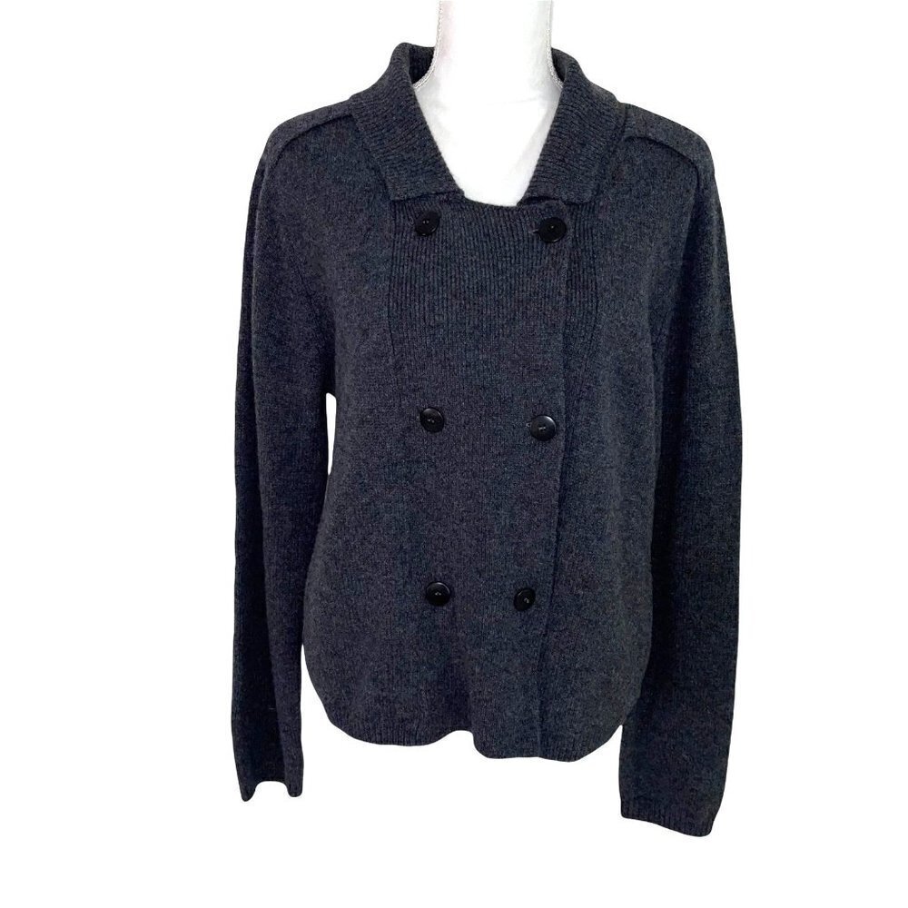 Sea Bleu Double Breasted Wool Cashmere Sweater Womens Size Large L Pockets Gray